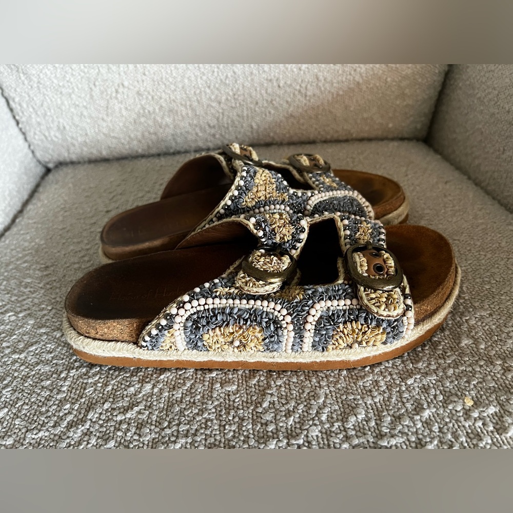 House of Harlow 1960 Beaded Slide Buckle Sandals Size 8 M